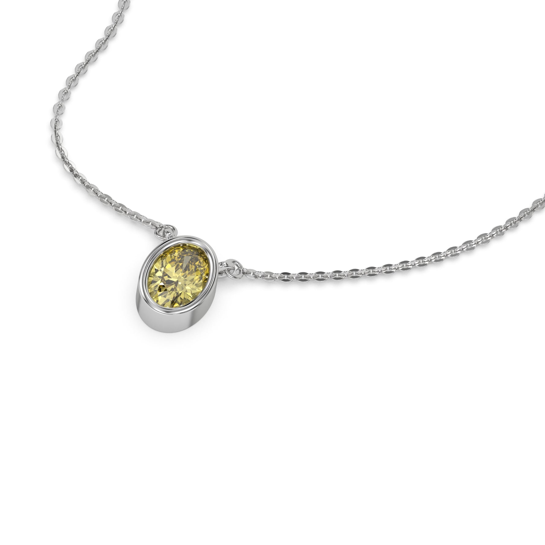 This white gold Fancy Yellow Oval Solitaire Diamond Necklace made with an fancy yellow oval cut diamond in bezel setting with adjustable chain in 3d view