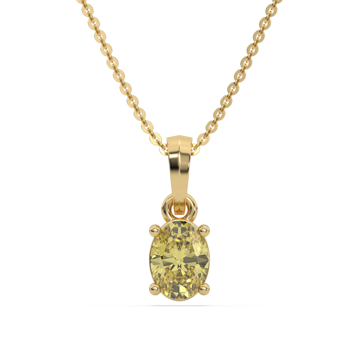 This yellow gold Fancy Yellow Oval Solitaire Diamond Necklace made with an fancy yellow oval cut diamond in a four prong setting with adjustable chain in top view