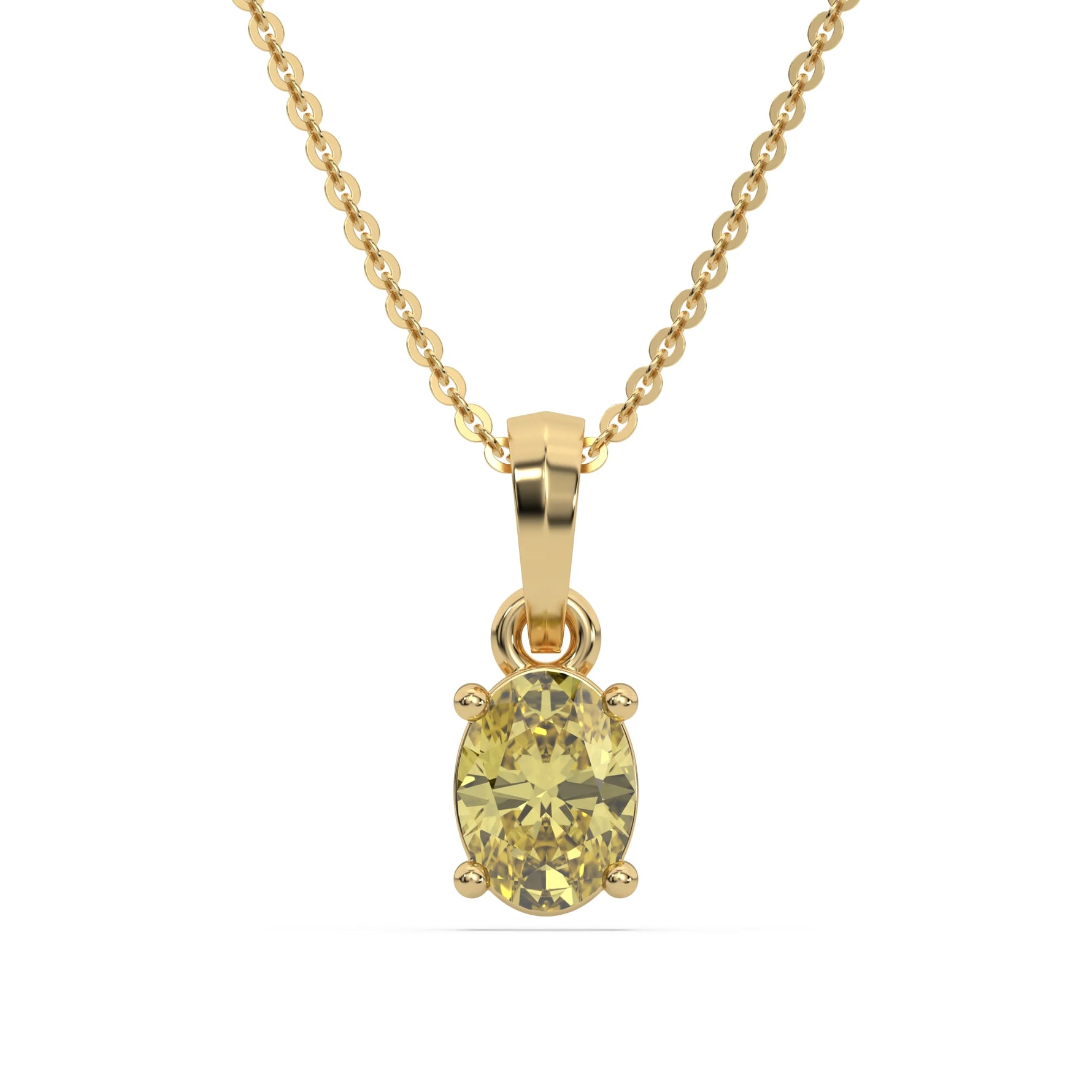 This yellow gold Fancy Yellow Oval Solitaire Diamond Necklace made with an fancy yellow oval cut diamond in a four prong setting with adjustable chain in top view