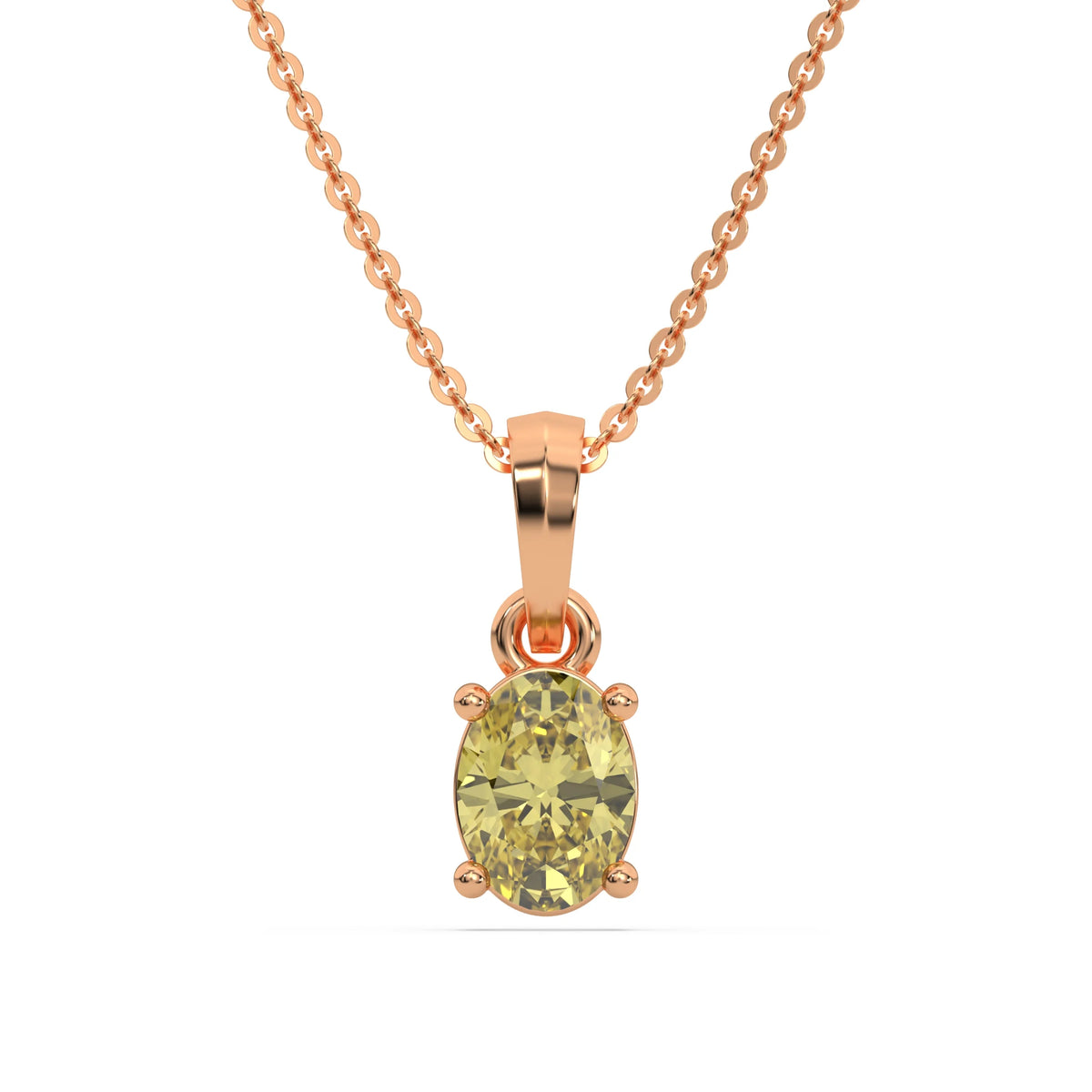 This rose gold Fancy Yellow Oval Solitaire Diamond Necklace made with an fancy yellow oval cut diamond in a four prong setting with adjustable chain in top view