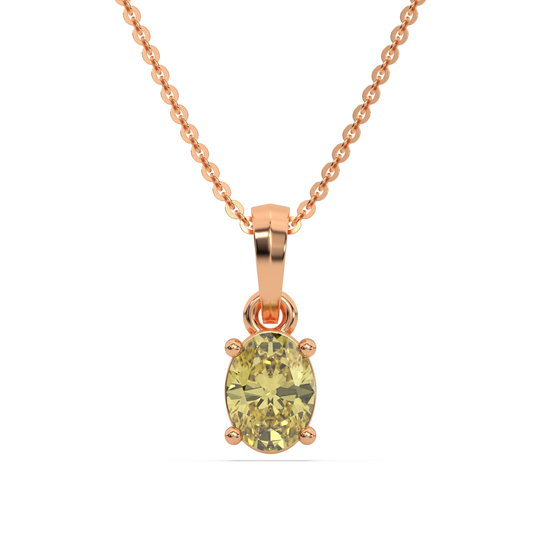 This rose gold Fancy Yellow Oval Solitaire Diamond Necklace made with an fancy yellow oval cut diamond in a four prong setting with adjustable chain in top view