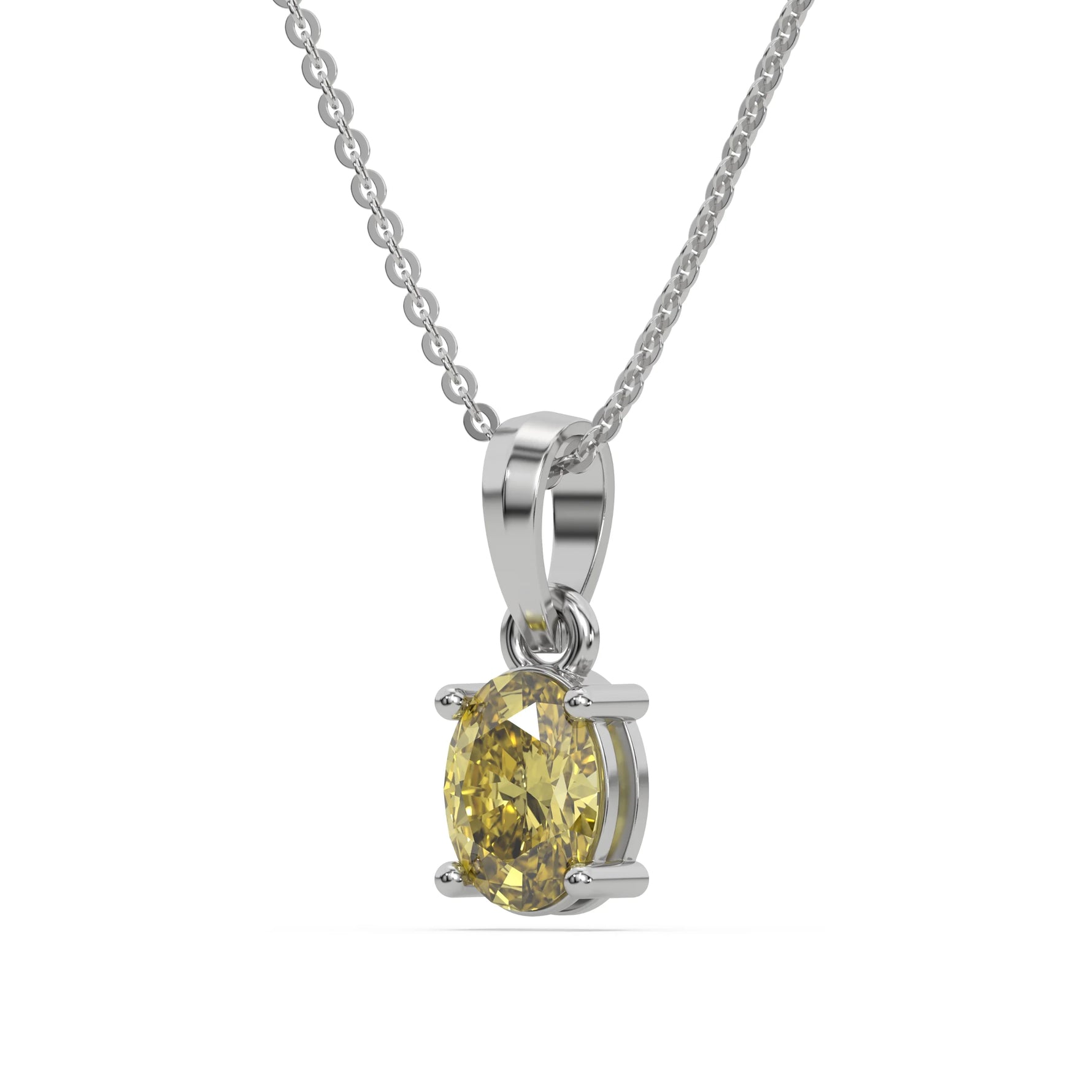 This white gold Fancy Yellow Oval Solitaire Diamond Necklace made with an fancy yellow oval cut diamond in a four prong setting with adjustable chain in side view