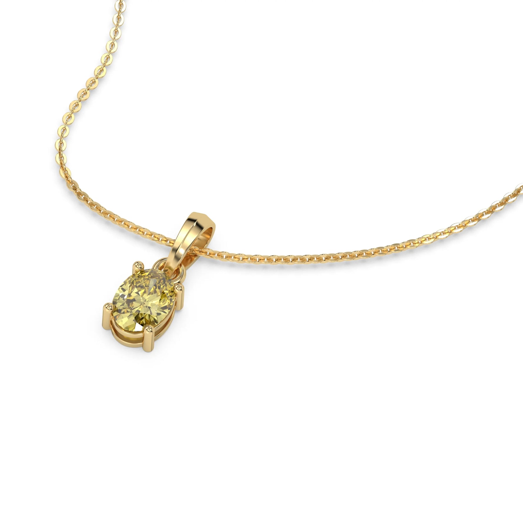 This yellow gold Fancy Yellow Oval Solitaire Diamond Necklace made with an fancy yellow oval cut diamond in a four prong setting with adjustable chain in 3d view