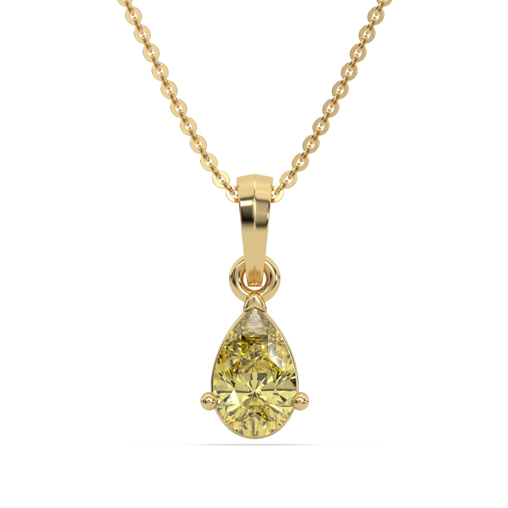 This yellow gold Fancy Yellow Pear Solitaire Diamond Necklace made with a fancy yellow pear cut diamond in a four prong setting with adjustable chain in top view