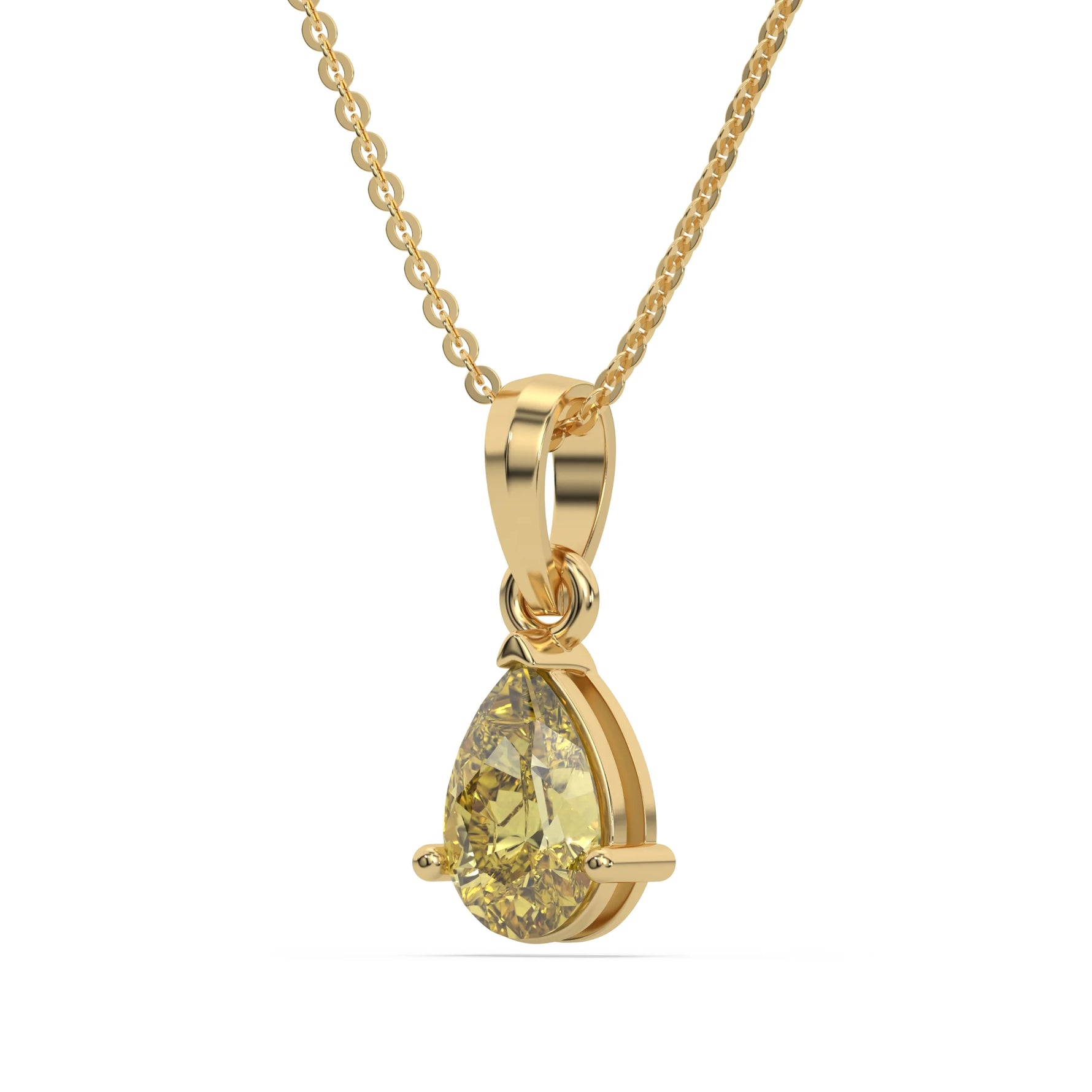 This yellow gold Fancy Yellow Pear Solitaire Diamond Necklace made with a fancy yellow pear cut diamond in a four prong setting with adjustable chain in side view