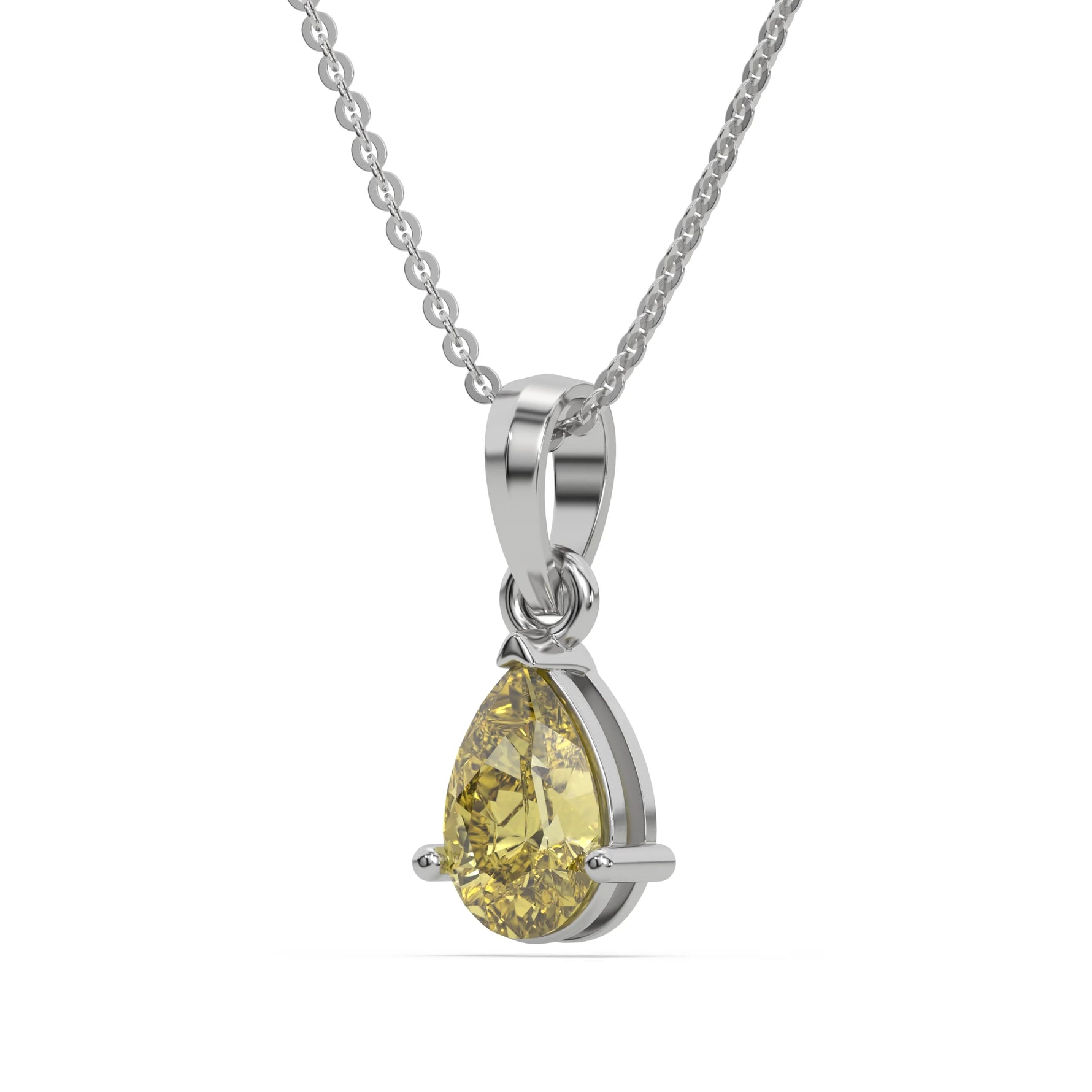 This white gold Fancy Yellow Pear Solitaire Diamond Necklace made with a fancy yellow pear cut diamond in a four prong setting with adjustable chain in side view