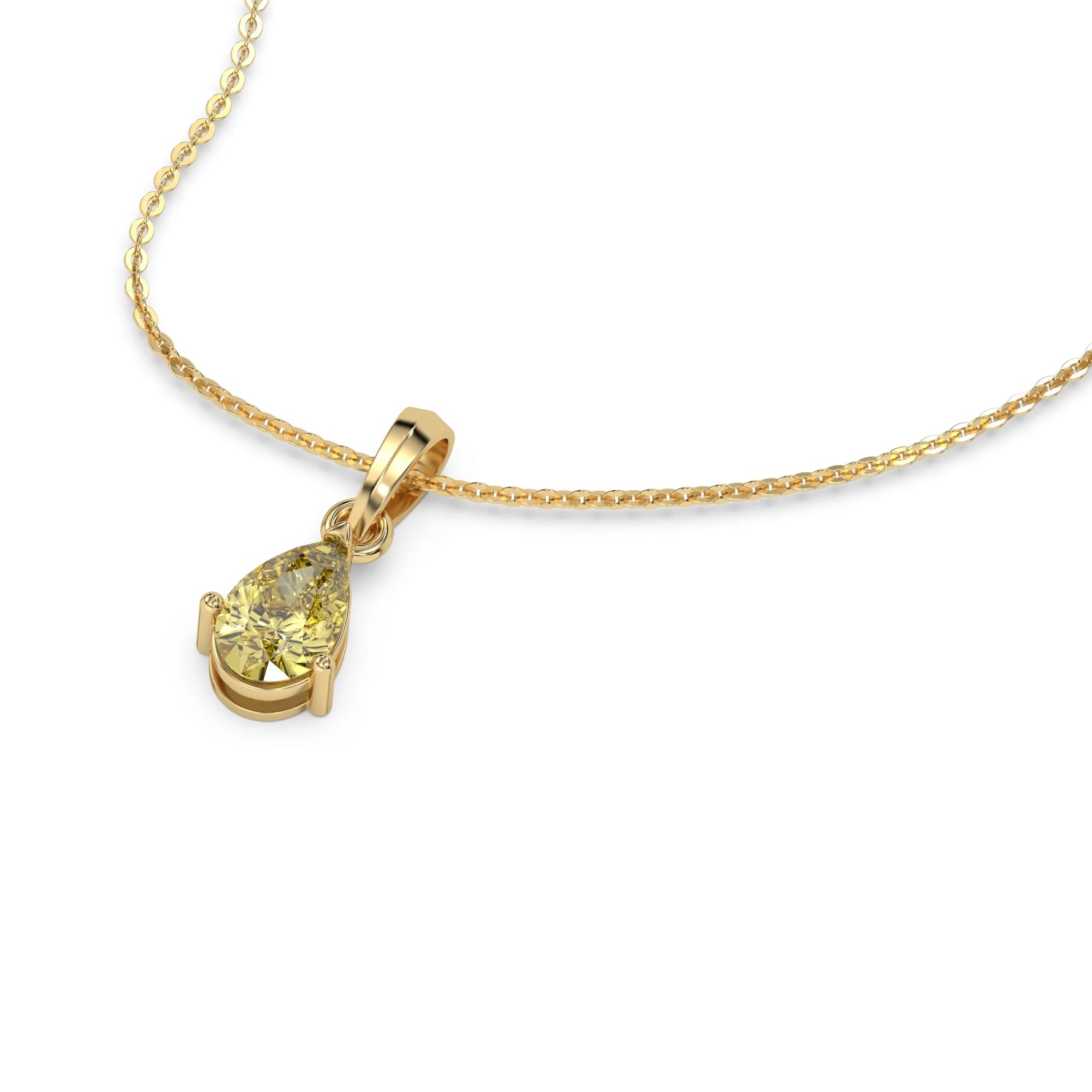 This yellow gold Fancy Yellow Pear Solitaire Diamond Necklace made with a fancy yellow pear cut diamond in a four prong setting with adjustable chain in 3d view