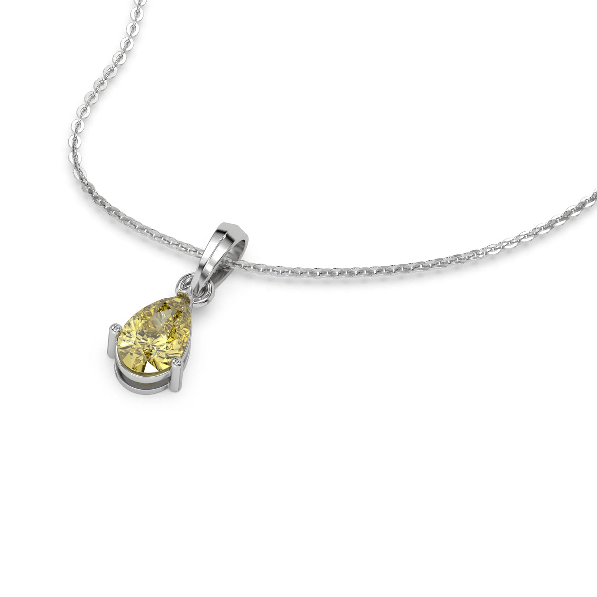 This white gold Fancy Yellow Pear Solitaire Diamond Necklace made with a fancy yellow pear cut diamond in a four prong setting with adjustable chain in 3d view