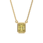 This yellow gold Fancy Yellow Radiant Solitaire Diamond Necklace made with a fancy yellow radiant cut diamond in bezel setting with adjustable chain in top view