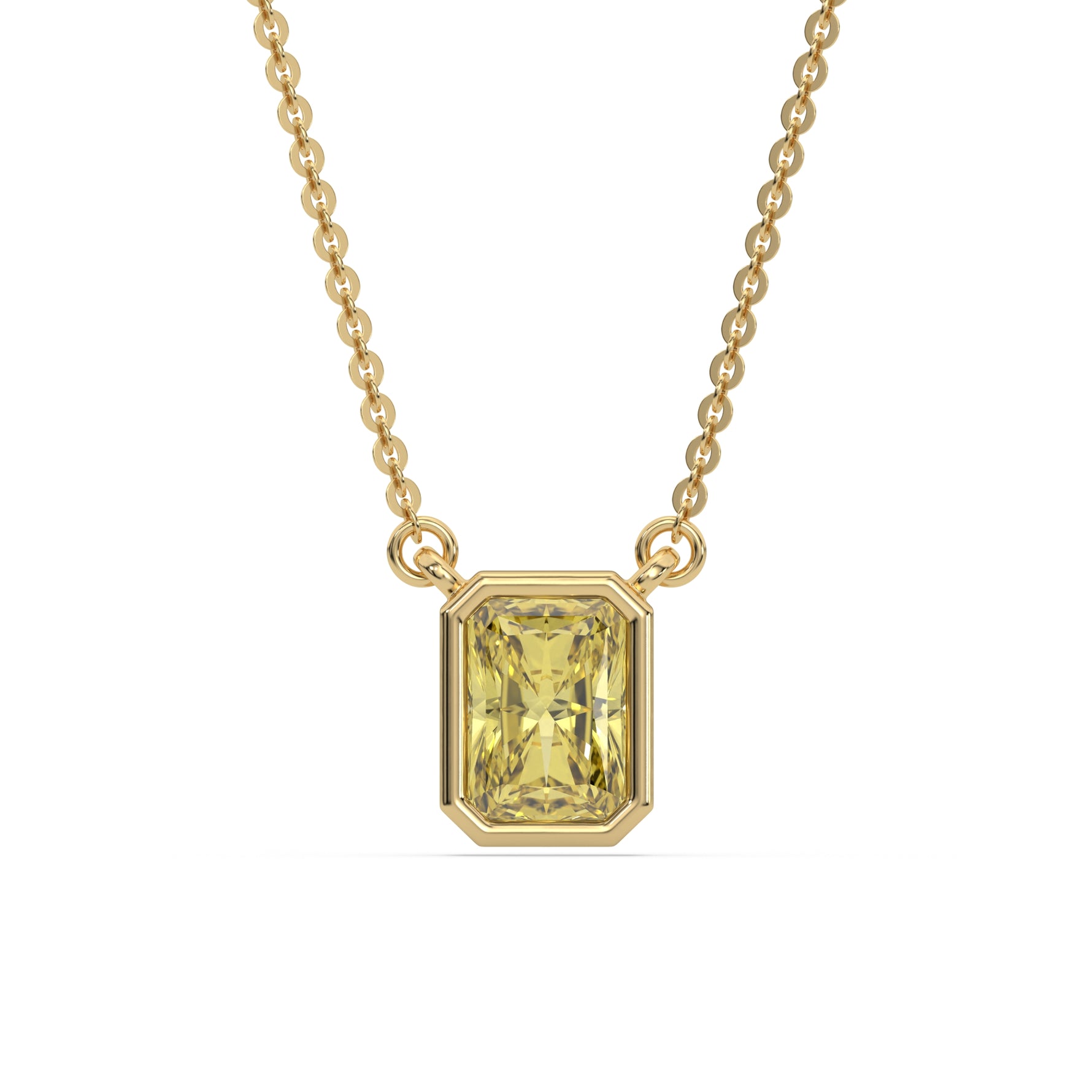 This yellow gold Fancy Yellow Radiant Solitaire Diamond Necklace made with a fancy yellow radiant cut diamond in bezel setting with adjustable chain in top view