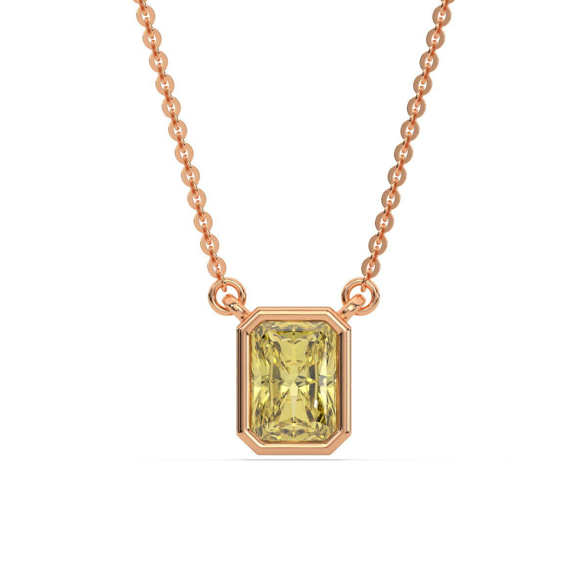 This rose gold Fancy Yellow Radiant Solitaire Diamond Necklace made with a fancy yellow radiant cut diamond in bezel setting with adjustable chain in top view