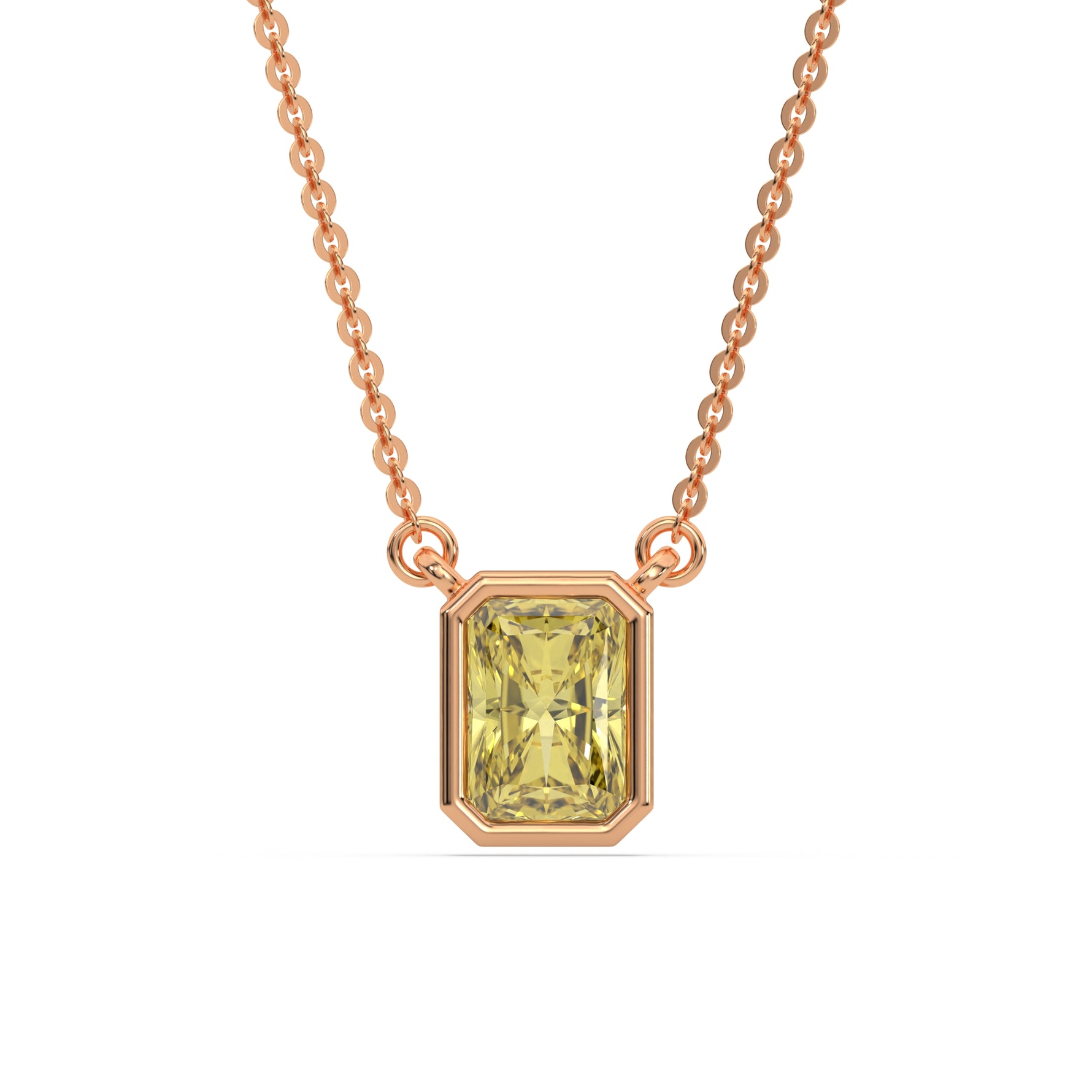 This rose gold Fancy Yellow Radiant Solitaire Diamond Necklace made with a fancy yellow radiant cut diamond in bezel setting with adjustable chain in top view