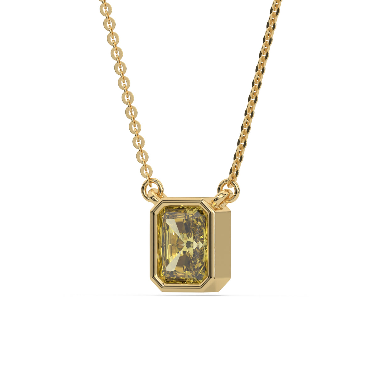 This yellow gold Fancy Yellow Radiant Solitaire Diamond Necklace made with a fancy yellow radiant cut diamond in bezel setting with adjustable chain in side view