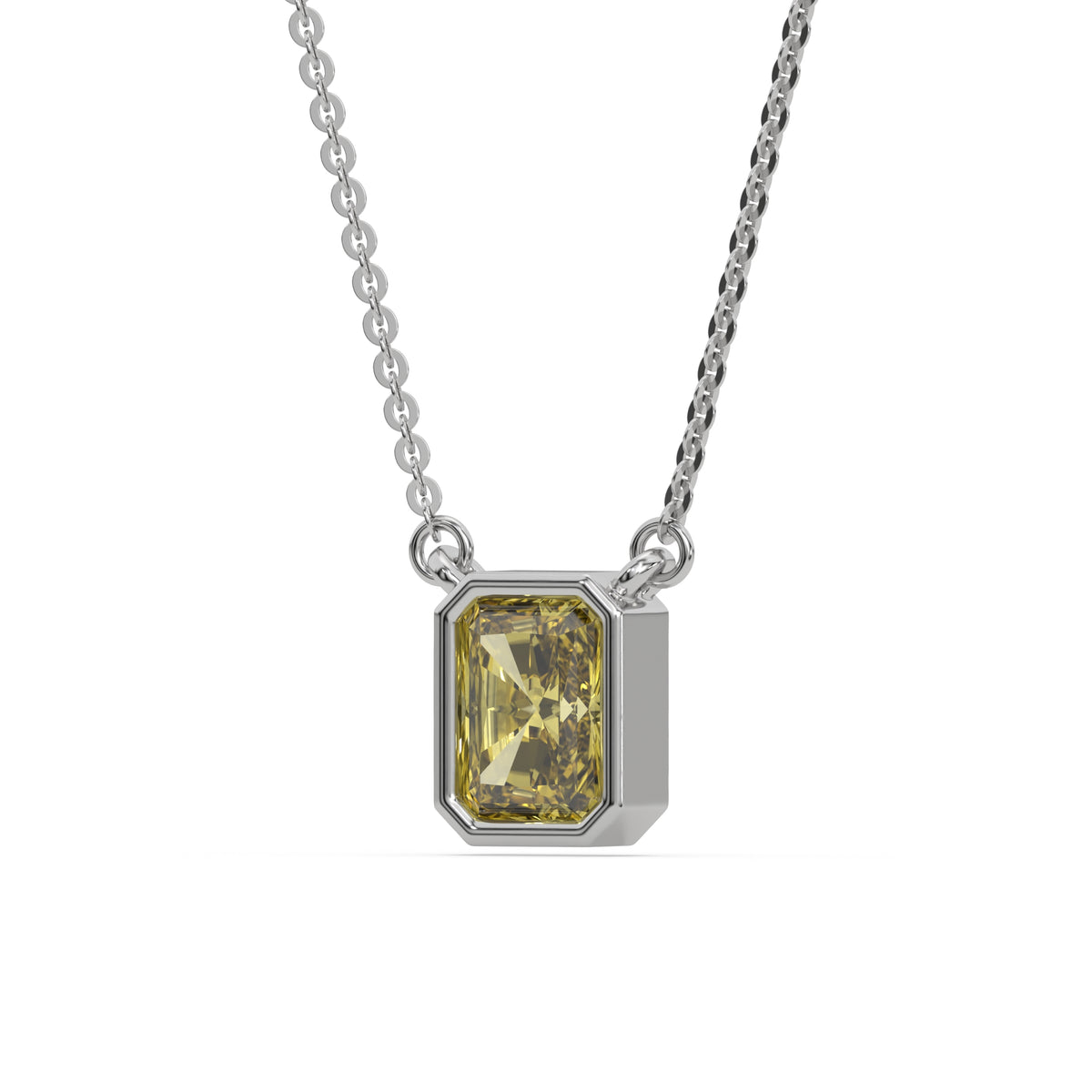 This white gold Fancy Yellow Radiant Solitaire Diamond Necklace made with a fancy yellow radiant cut diamond in bezel setting with adjustable chain in side view