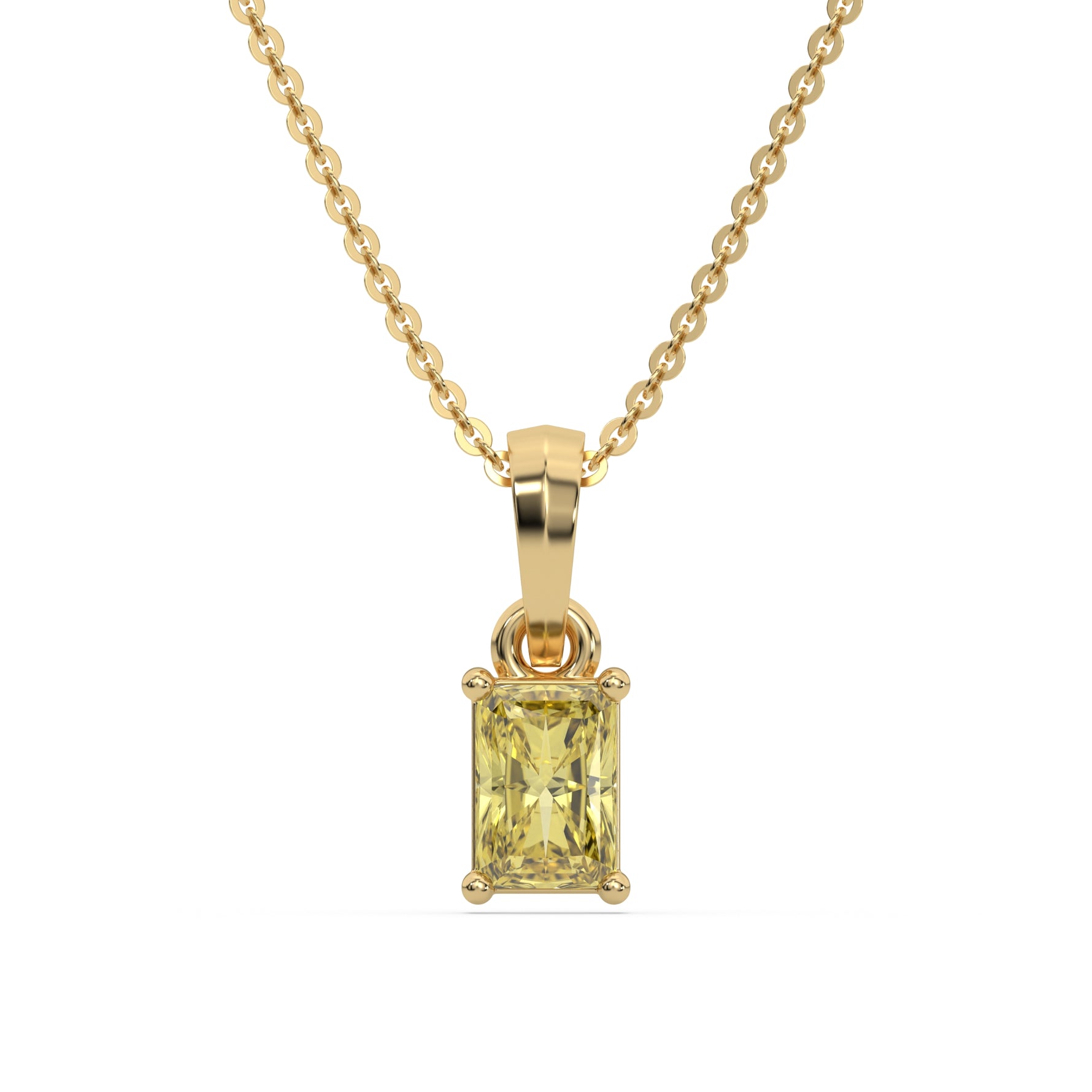 This yellow gold Fancy Yellow Radiant Solitaire Diamond Necklace made with fancy radiant cut diamond in a four prong setting with adjustable chain in top view