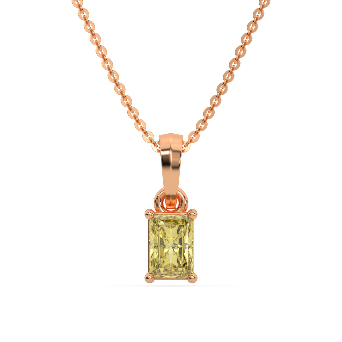 This rose gold Fancy Yellow Radiant Solitaire Diamond Necklace made with fancy radiant cut diamond in a four prong setting with adjustable chain in top view