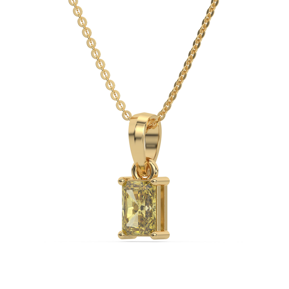 This yellow gold Fancy Yellow Radiant Solitaire Diamond Necklace made with fancy radiant cut diamond in a four prong setting with adjustable chain in side view