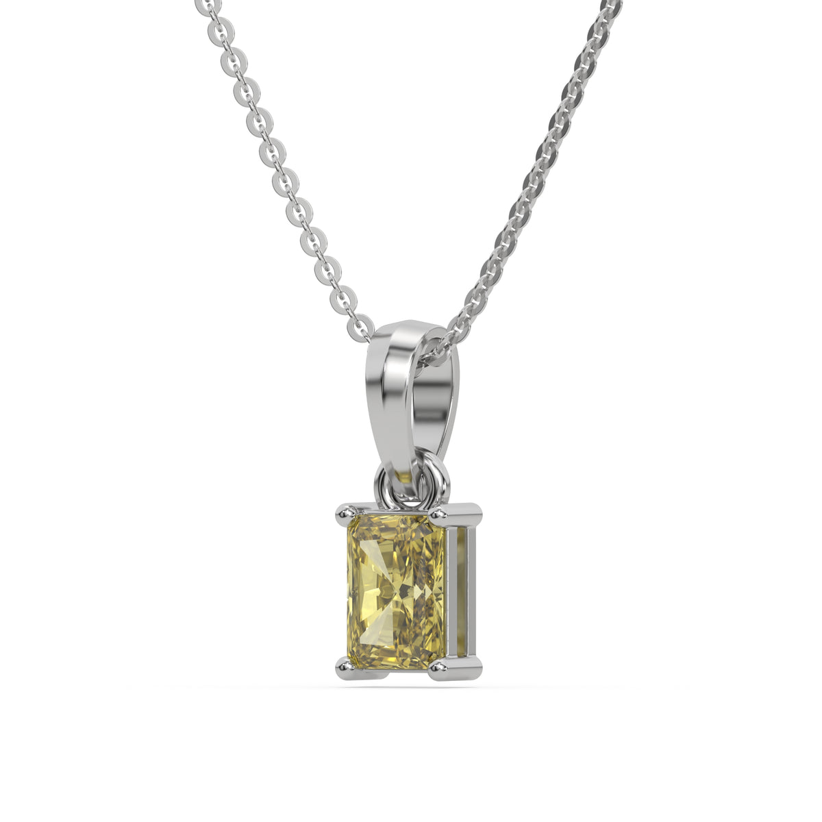 This white gold Fancy Yellow Radiant Solitaire Diamond Necklace made with fancy radiant cut diamond in a four prong setting with adjustable chain in side view