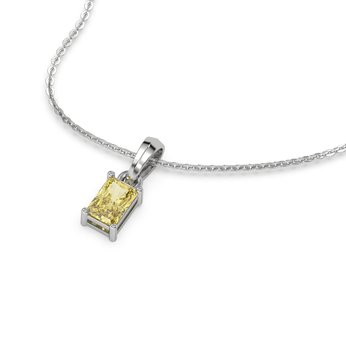 This white gold Fancy Yellow Radiant Solitaire Diamond Necklace made with fancy radiant cut diamond in a four prong setting with adjustable chain in 3d view