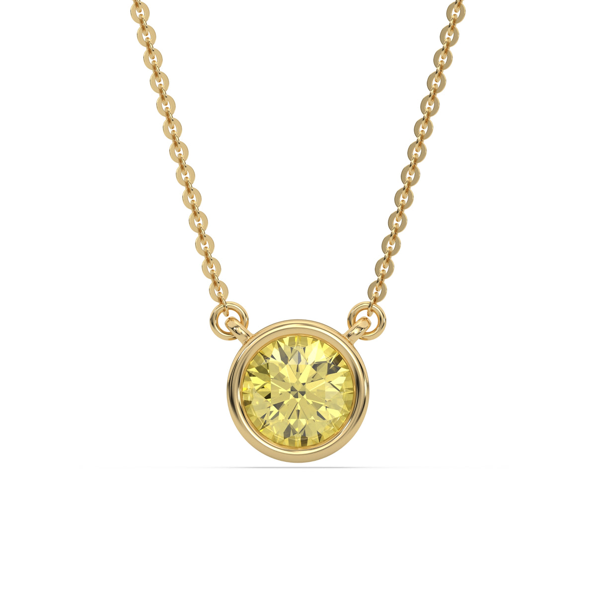 This yellow gold Fancy Yellow Round Solitaire Diamond Necklace made with a fancy yellow round brilliant-cut diamond in bezel setting with adjustable chain in top view