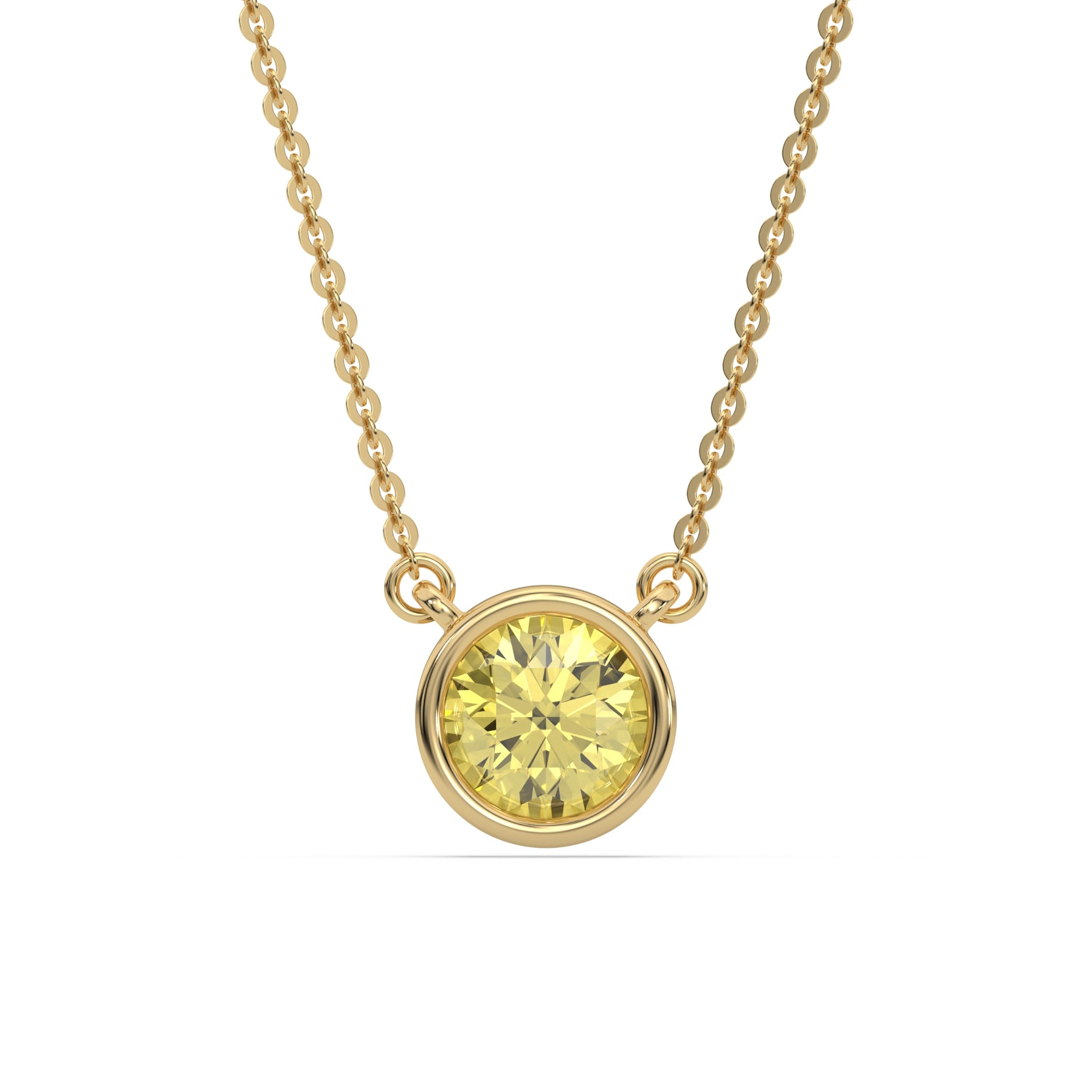 This yellow gold Fancy Yellow Round Solitaire Diamond Necklace made with a fancy yellow round brilliant-cut diamond in bezel setting with adjustable chain in top view