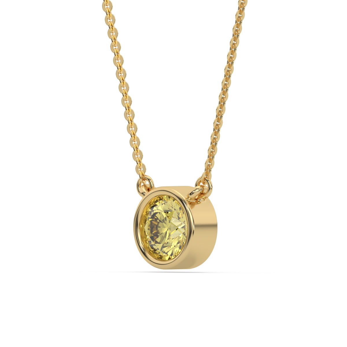 This yellow gold Fancy Yellow Round Solitaire Diamond Necklace made with a fancy yellow round brilliant-cut diamond in bezel setting with adjustable chain in side view