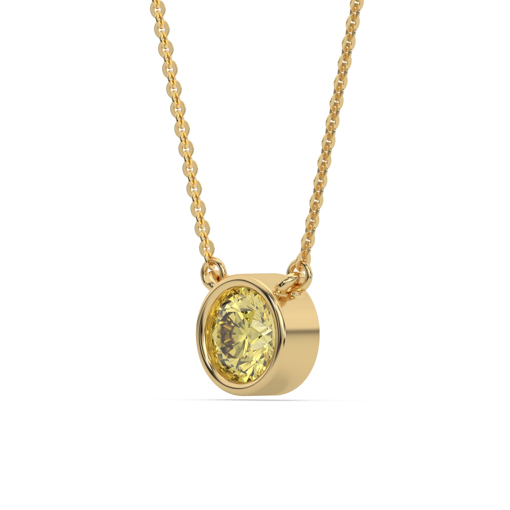 This yellow gold Fancy Yellow Round Solitaire Diamond Necklace made with a fancy yellow round brilliant-cut diamond in bezel setting with adjustable chain in side view