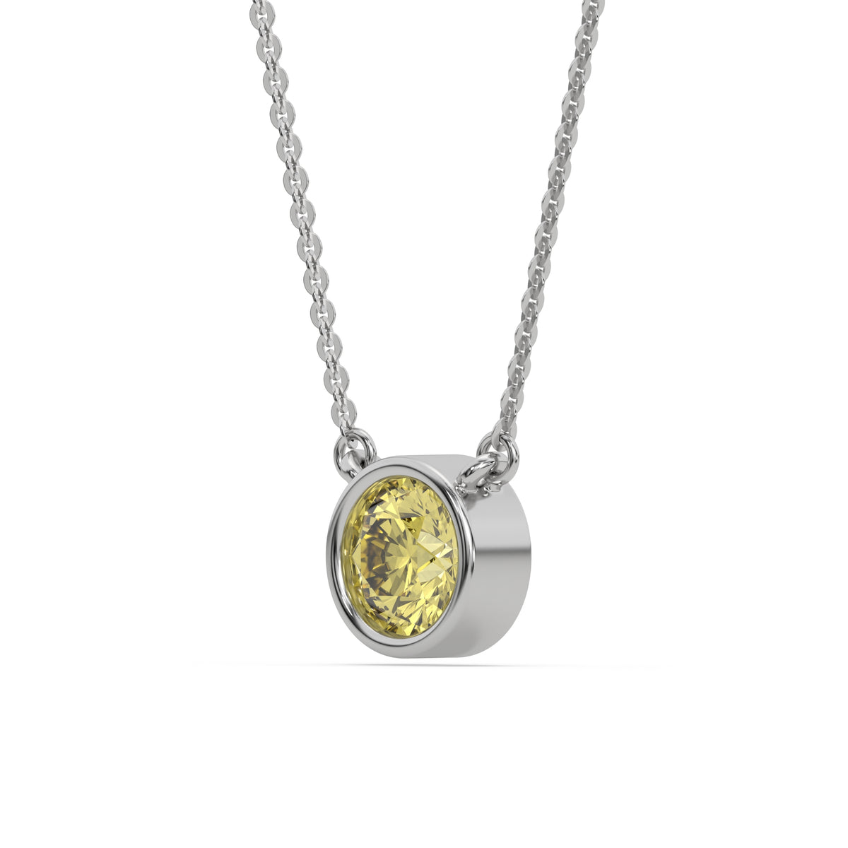 This white gold Fancy Yellow Round Solitaire Diamond Necklace made with a fancy yellow round brilliant-cut diamond in bezel setting with adjustable chain in side view