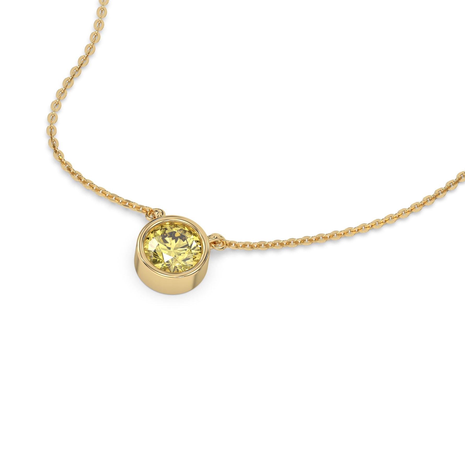 This yellow gold Fancy Yellow Round Solitaire Diamond Necklace made with a fancy yellow round brilliant-cut diamond in bezel setting with adjustable chain in 3d view