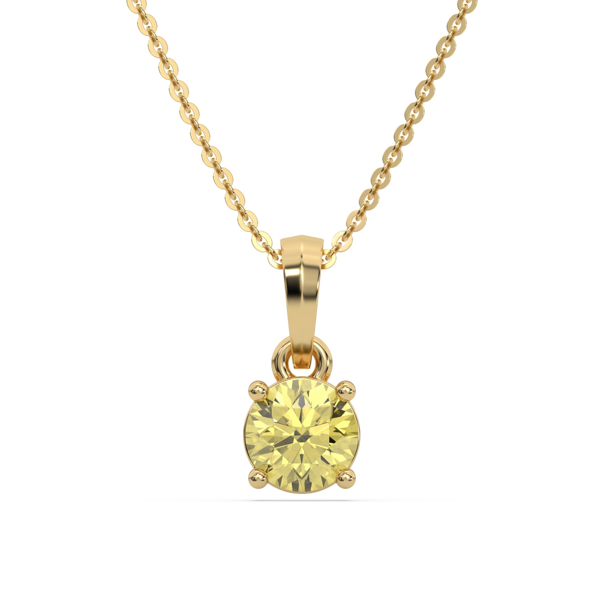 This yellow gold Fancy Yellow Round Solitaire Diamond Necklace made with fancy yellow round brilliant-cut diamond in a four prong setting with adjustable chain in top view