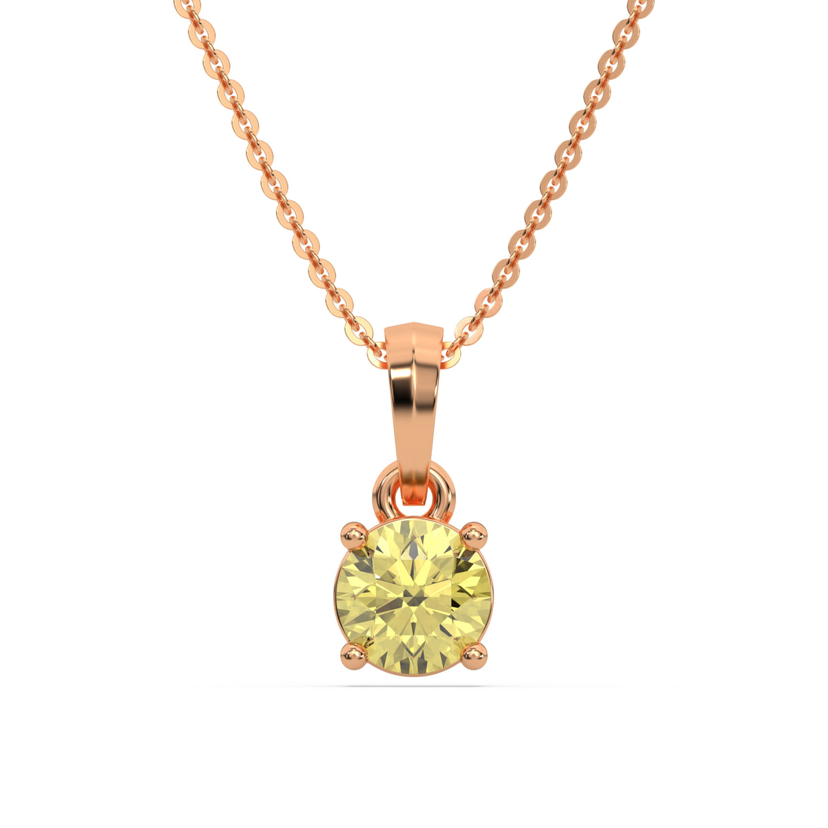 This rose gold Fancy Yellow Round Solitaire Diamond Necklace made with fancy yellow round brilliant-cut diamond in a four prong setting with adjustable chain in top view