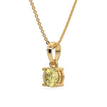 This yellow gold Fancy Yellow Round Solitaire Diamond Necklace made with fancy yellow round brilliant-cut diamond in a four prong setting with adjustable chain in side view