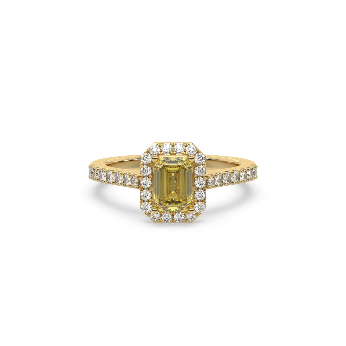 This yellow gold ring displayed in front view is made with a Emerald solitaire diamond set in four-prong setting