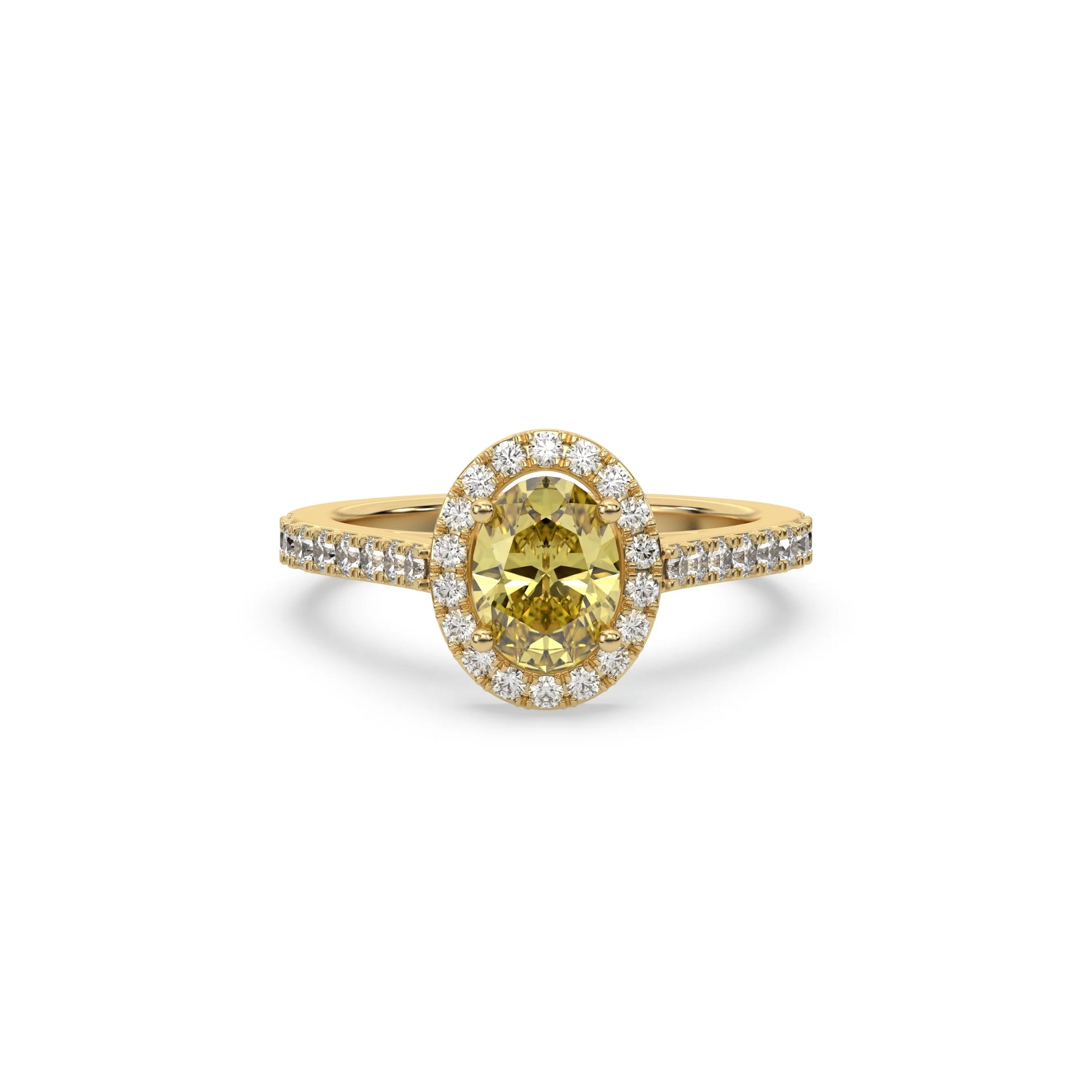 This yellow gold ring displayed in front view is made with a oval solitaire diamond set in four-prong setting