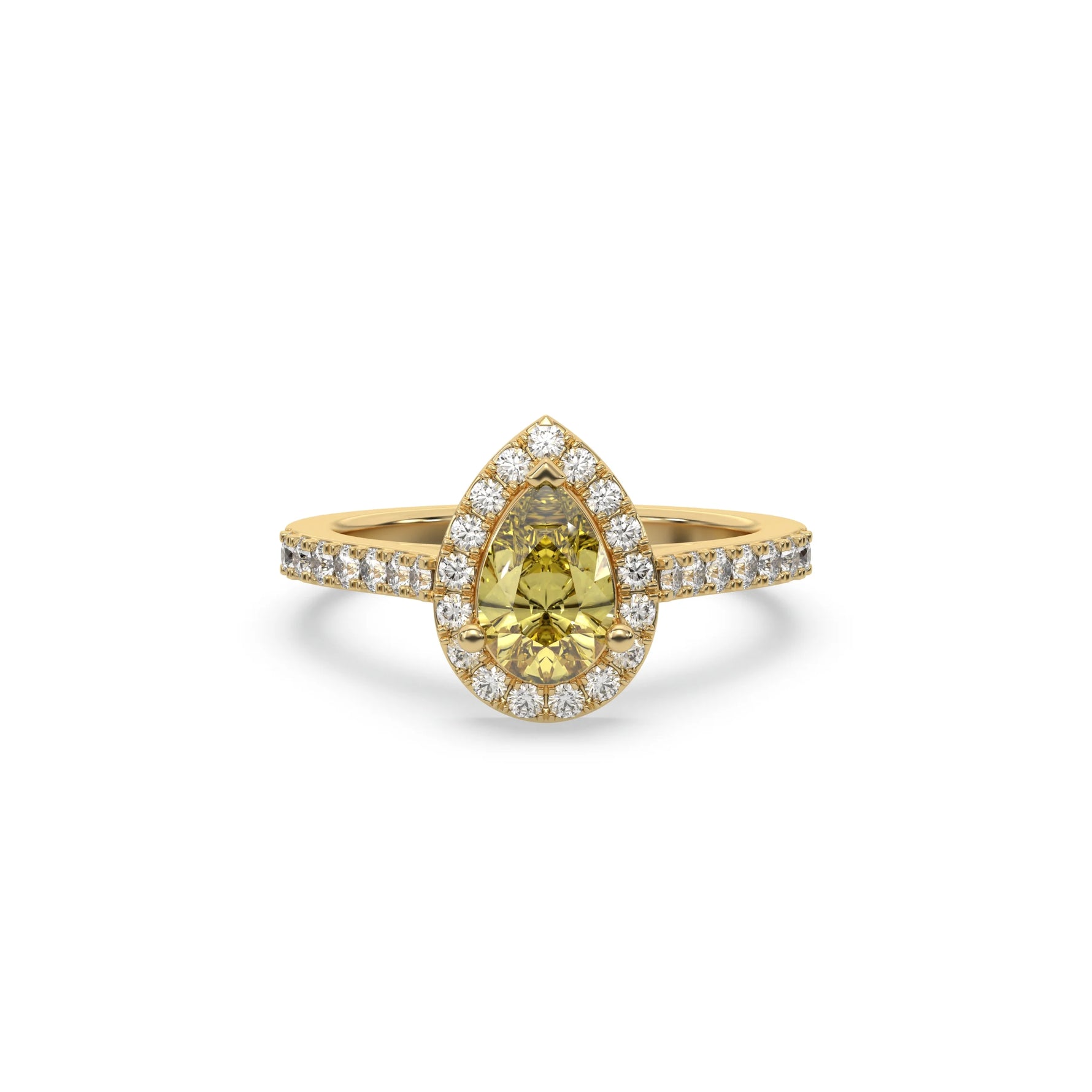 This yellow gold ring displayed in front view is made with a pear solitaire diamond set in four-prong setting