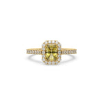 This yellow gold ring displayed in front view is made with a radiant solitaire diamond set in four-prong setting