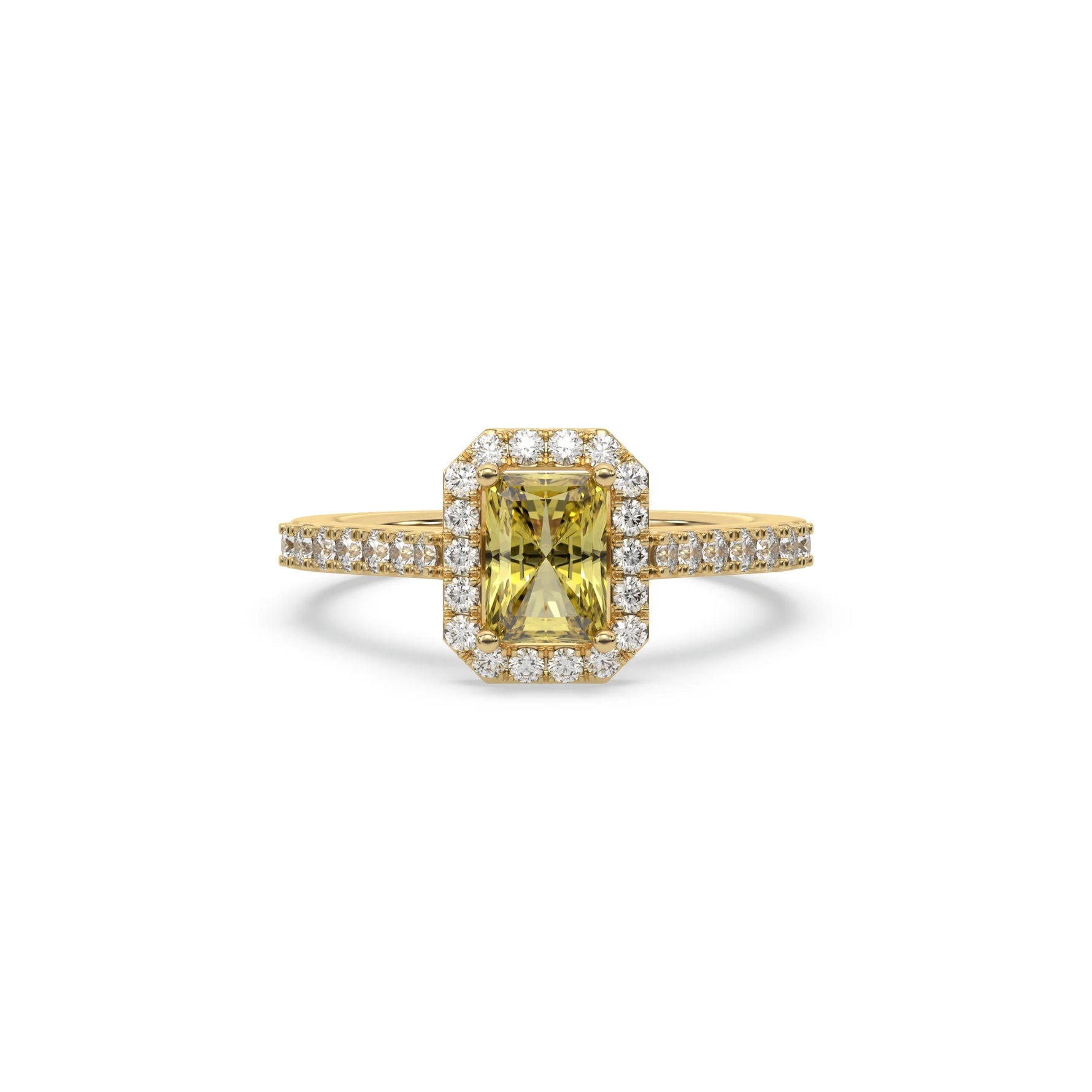 This yellow gold ring displayed in front view is made with a radiant solitaire diamond set in four-prong setting