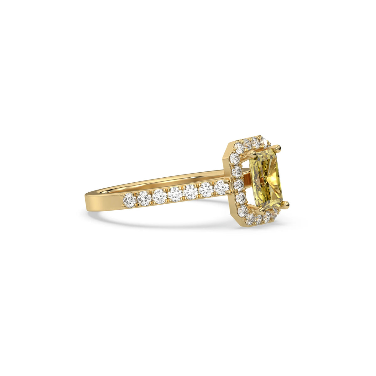 This yellow gold ring displayed in side view is made with a radiant solitaire diamond set in four-prong setting