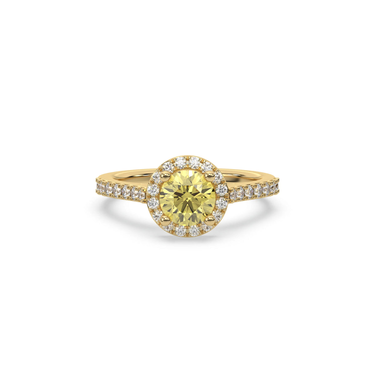 This yellow gold ring displayed in front view is made with a round solitaire diamond set in four-prong setting