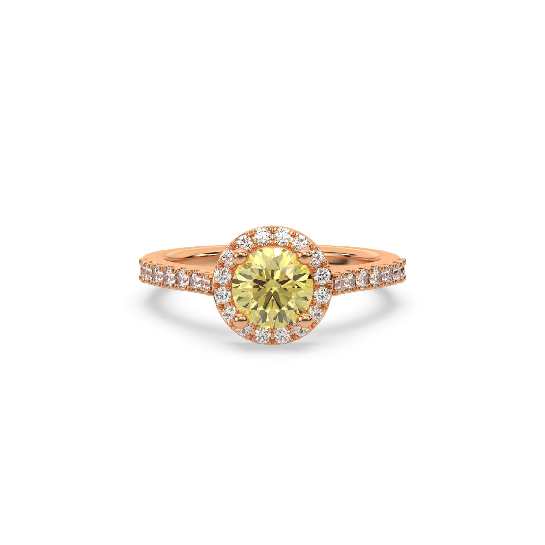 This rose gold ring displayed in front view is made with a round solitaire diamond set in four-prong setting