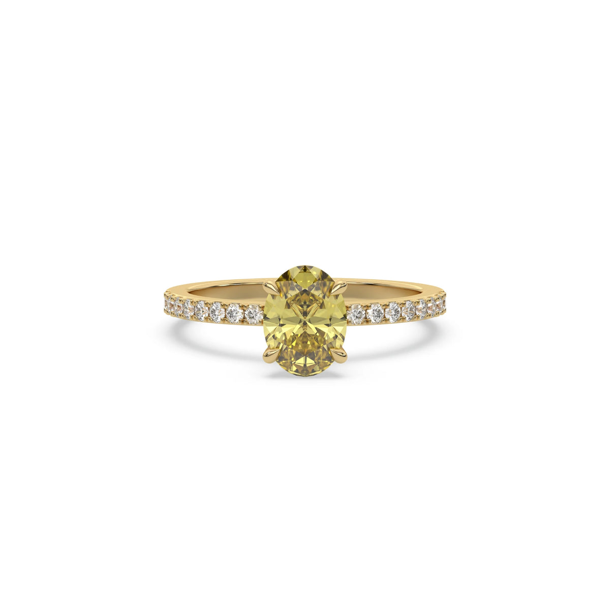 This yellow gold ring displayed in front view is made with a oval solitaire diamond set in four-prong setting