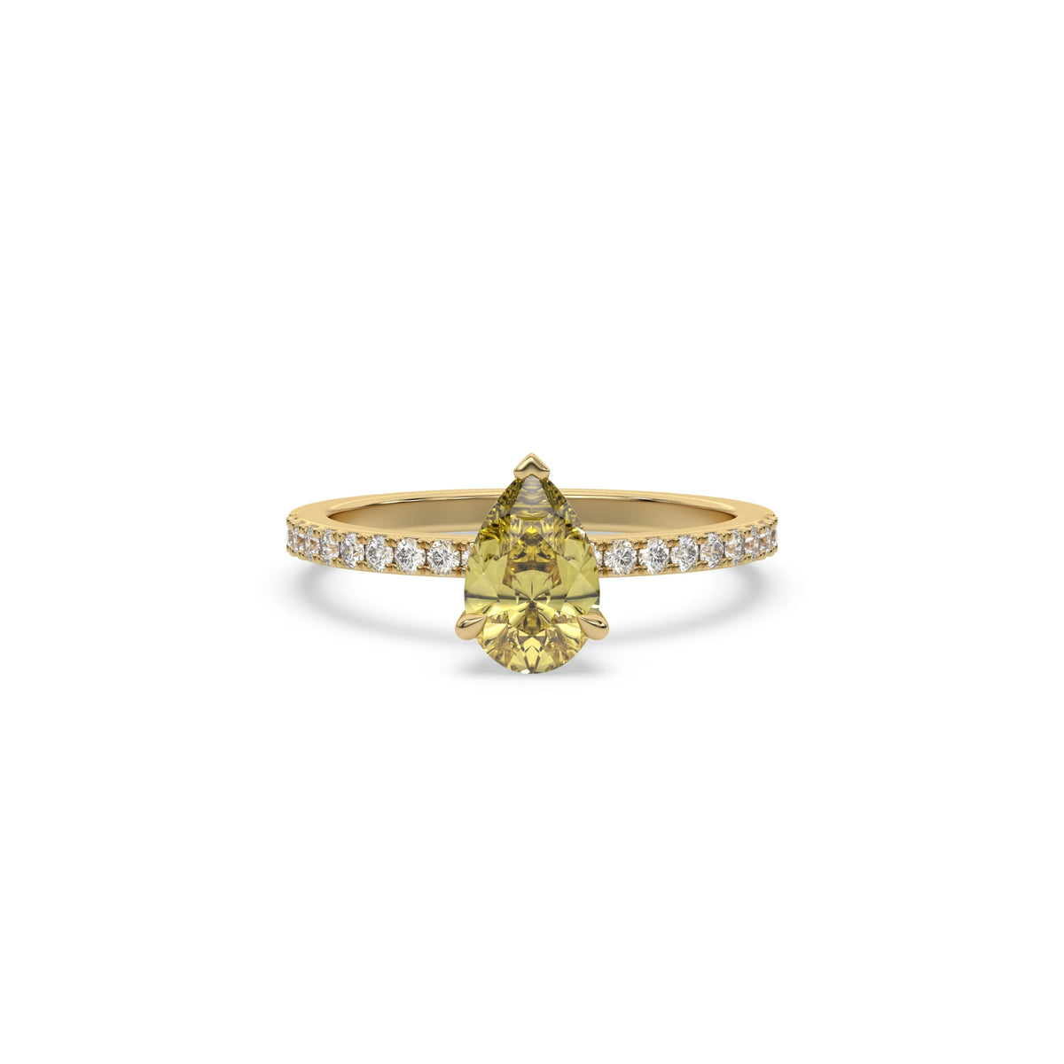 This yellow gold ring displayed in front view is made with a Pear solitaire diamond set in four-prong setting