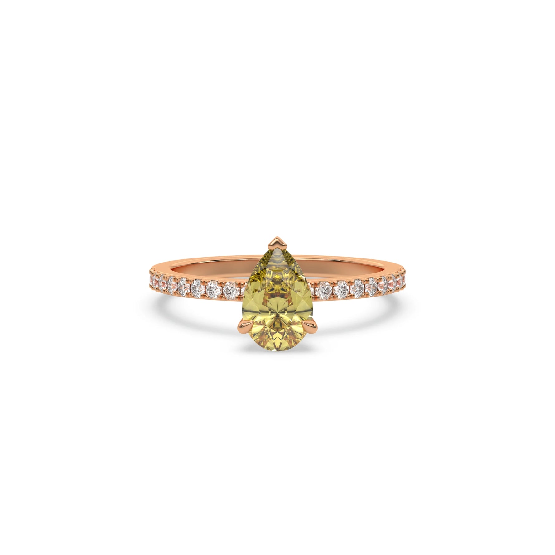 This rose gold ring displayed in front view is made with a Pear solitaire diamond set in four-prong setting