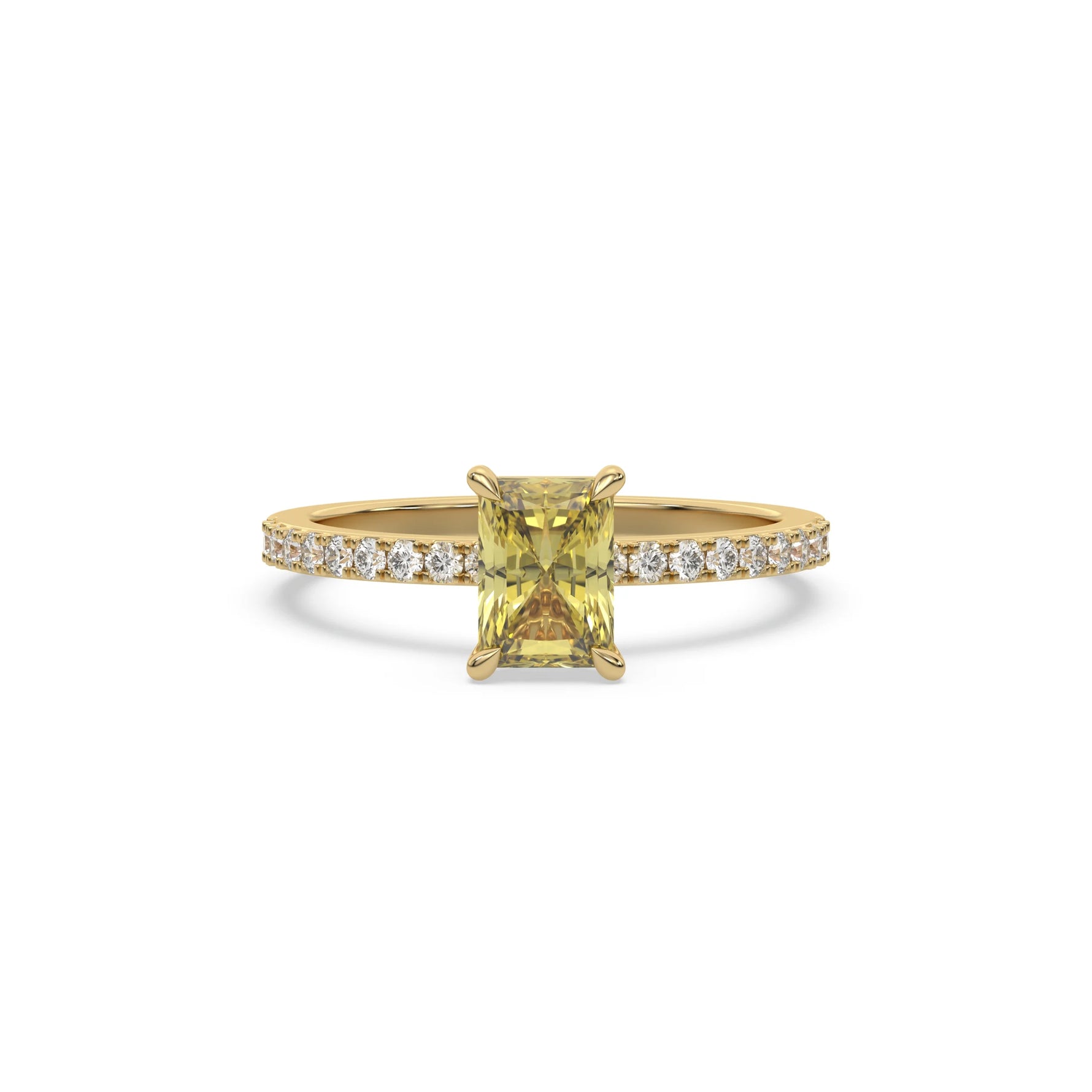 This yellow gold ring displayed in front view is made with a radiant solitaire diamond set in four-prong setting