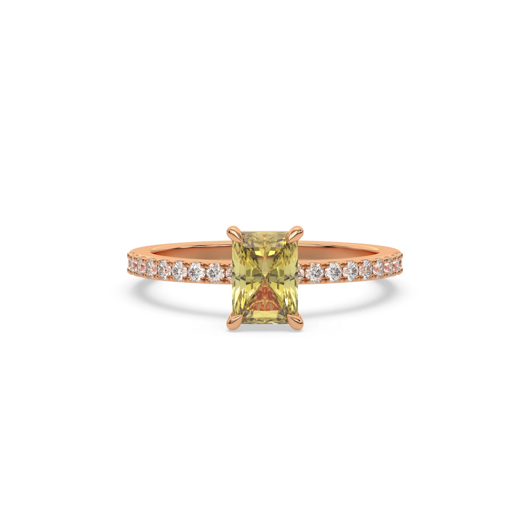 This rose gold ring displayed in front view is made with a radiant solitaire diamond set in four-prong setting