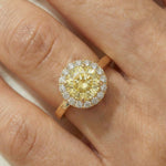 Elegant round yellow diamond halo engagement ring in yellow gold,modeled gracefully on a woman's hand.
