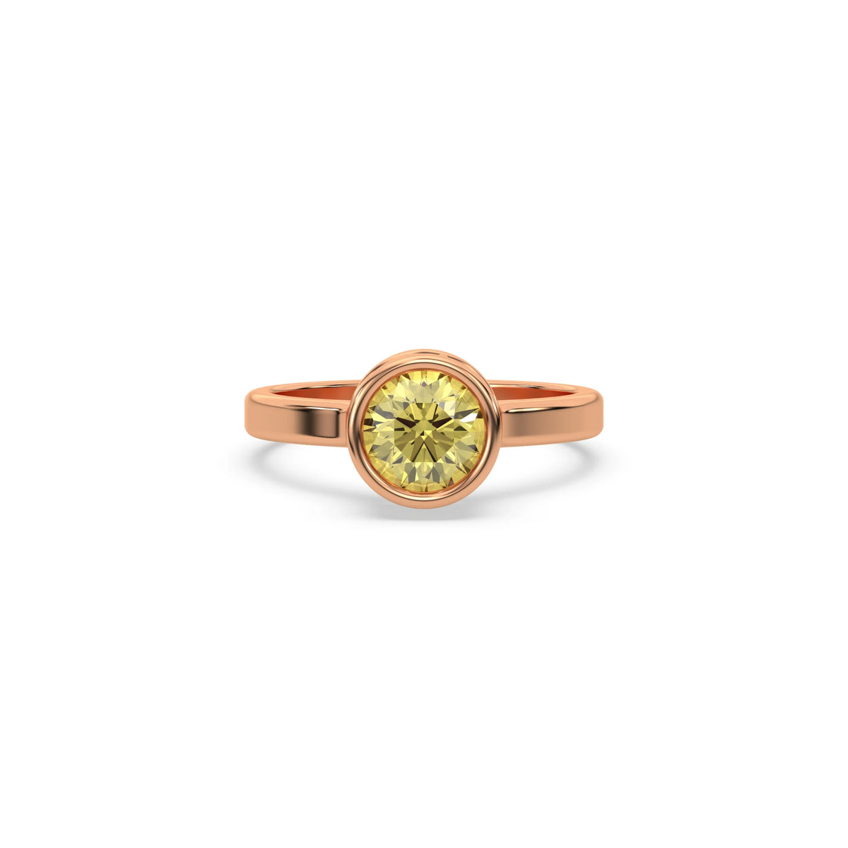 This rose gold ring displayed on front view is made with brilliant round solitaire diamond set in bezel setting