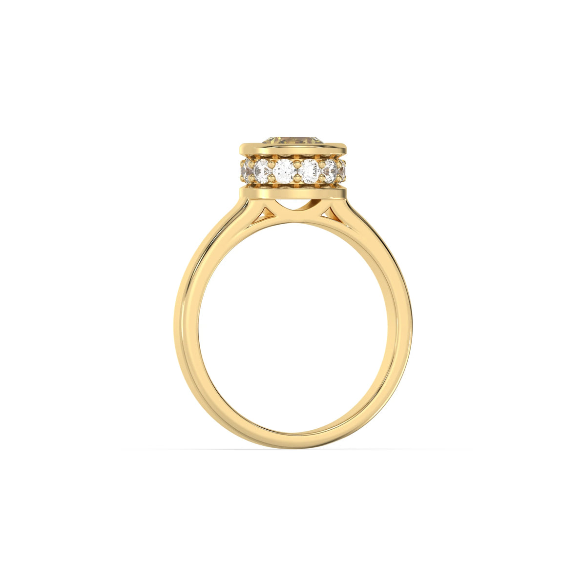 This yellow gold ring displayed on through finger view is made with brilliant round solitaire diamond set in bezel setting