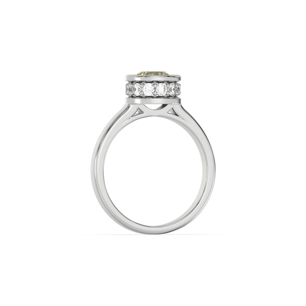 This yellow gold ring displayed on through finger view is made with brilliant round solitaire diamond set in bezel setting