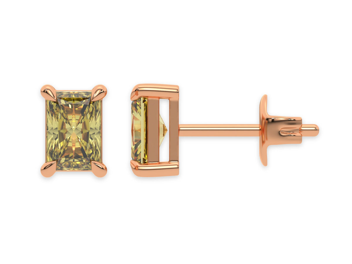 18k rose gold Radiant Diamond Earrings made with a fancy yellow radiant cut diamond set in a four prong setting